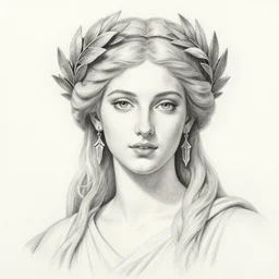 pencil drawing of a beautiful greek goddess aphrodite wearing a laurel wreath and arrowhead earrings, beautiful confident eyes, beautiful flowing hair, hyper realistic face, in the style of greg rutkowski, fantasy, amazing detail, epic, elegant, smooth, sharp focus, from the front, long shot