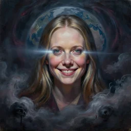 abstract painting of giant Greta Thunberg smiling evil emperor of the world emerging in dark clouds, noxious, cosmic horror, evil, dangerous, trending on ArtStation, masterpiece, by Greg Rutkowski, by Ross Tran, by Fenghua Zhong, octane, lightbeam eyes, soft render, clear facial features, oil on canvas, moody lighting, cinematic, professional environment concept art