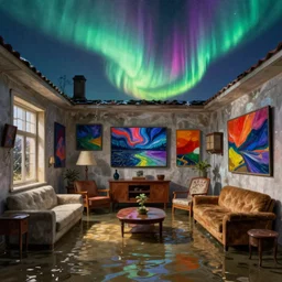 interior of a flooded old house full of furniture. aurora borealis. iridescent, psychedelic colors. painting by hammershoi, balthus, mark rothko, yves tanguy, utamaro, monet