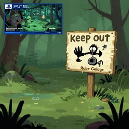 a cartoon scene of a swampy area with a sign that says keep out, concept art by Rube Goldberg, deviantart contest winner, underground comix, 2d game art, concept art, playstation 5 screenshot