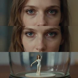 beautiful three point perspective film still of holly herndon in merce cunningham, extreme closeup portrait in style of frontiers in blade runner miniature photography fashion architectural art studio seinen manga edition, real - life porcelain statue in victorian glass jar, eye contact, anatomically correct, pointe pose, tilt shift background, panavision, 8 k, macro, cinematic style