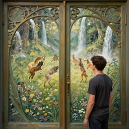 6 a young man looking at open art nouveau door,, 3 dreamy forest lanscape with wild flowers, 3 animals dancing in a circle, 2 waterfall falling down from the arch of the door, hyperrealistic, fully detailed, victor horta, rituals