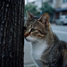 ultra high resolution close - up photo cat woman, 2 0 years old, standing with her head pressed to the tree in the street. right profile photo. the light is dim, and the colours are muted. kodak etkar 1 0 0.