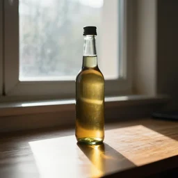 a 4 k photorealistic photo of a bottle on a desk infront of a window. good reflections, sunny with sunbeams.