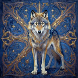 spirit wolf by GEOGLYPHIKS by MICHAEL DIVINE and AMANDA SAGE in the style of oil painting visionary art, intricate oil painting artwork. , trending on artstation, very coherent symmetrical artwork, oil painting