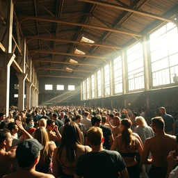 an abandoned warehouse full of young party people, dj, sunlight through the roof, highly detailed, bauhaus architecture design shot, wide pan shot, architecture shot, magazine, vivid colors, abandoned warehouse, high contrast, 8 k, intrinsic details