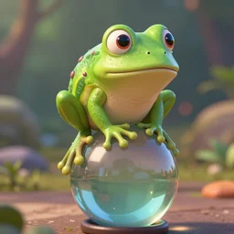 eye - level shot of a cute frog sitting on top of a giant glass sphere, concept art, by esao andrews, by m. w. kaluta, by pixar, volumetric light, rich colors, very humorous!!!, realistic reflections, smooth, depth perception, tilt shift, 4 k, unreal engine 5, artstation