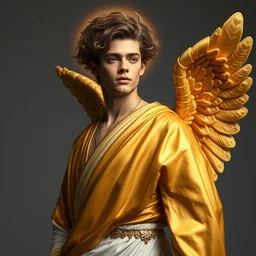 rami malek as an angel in a golden toga, gray background, alphonse mucha, rhads, ross tran, artstation, artgerm, octane render, 1 6 k
