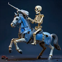 a scuplture of a skeleton riding a horse made from parts of plastic toys and riveted together with a toy plane crashing into it, haunted, in the style of dali, plastic, blue, hyperdetailed, ultra realistic, octane render, 8 k, cinematic, atmospheric lighting, dark volumetric lighting