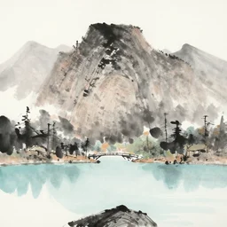 a mountain and a lake. ink wash painting.