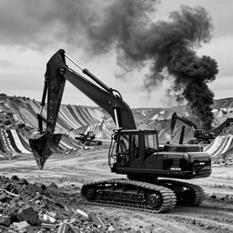 gleaming black construction equipments designed by alexander mcqueen, a black and white strip mine is in the background, black smoke in the air, landscape, land art, beautiful award winning fashion photography