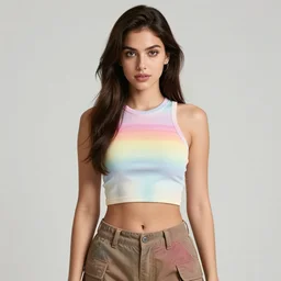 a award winning half body portrait of a beautiful woman with stunning eyes in a croptop and cargo pants with rainbow colored hair, routlined by whirling illuminated neon lines, fine rainbow colored lines swirling in circles, outrun, vaporware, shaded flat illustration, halftone