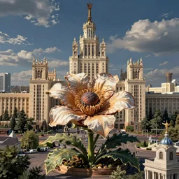 colossal Beelzebub flower in the middle of post soviet constructivist cityscape, Stalinist architecture, brutalist architecture, ultradetailed, Intricate by Makoto Shinkai and Giuseppe Arcimboldo and MC Esher and Wes Anderson and H.R. Giger