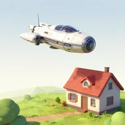 a spaceship that has landed next to a house, from a space themed point and click 2 d graphic adventure game, art inspired by thomas kinkade and bob ross and william lionel wyllie