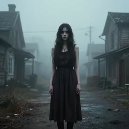 photo of a real-life girl in a creepy foggy town