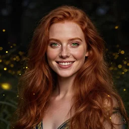 portrait of happy a young woman, among the lights of golden fireflies and nature, long loose red hair, intricate details, bright green eyes, freckles on the nose, round gentle face, sophisticated dress, deep focus, smooth, sharp, golden ratio, high contrast, photorealistic digital art by artemisia lomi gentileschi and caravaggio and tomacz alen kopera.
