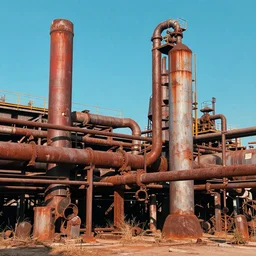 industrial ruins, primary color accents, rusty pipes, matte painting