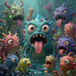 intricate colourful murky with strange cute friendly angry crazy random creatures with huge beauty eyes long tongue triangle teeth and scary face appearing from the water, in the style of craola, shallow depth of field, highly detailed, digital painting, trending artstation, concept art, illustration, cinematic lighting, vibrant colors, photorealism, epic, octane render