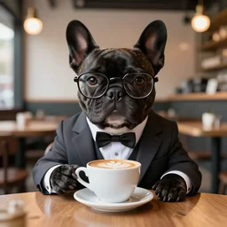 a portrait picture of a black french bulldog wearing a dinner jacket and reading glasses sitting at a table at a hipster coffee shop holding a cappuccino octane render unreal engine 5 4 k symmetric