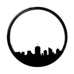 a perfect circle, the outer edge of the circle is hugged by the silhouette of a city skyline, black and white, minimalist, in the style of a line drawing
