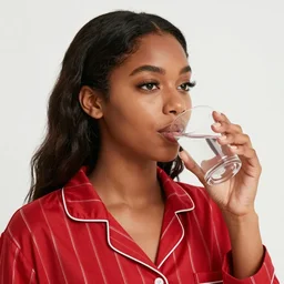 girl with dark skin, long hair, long eyelashes, in red striped pajamas, drinking a smoothie in cheese-shaped slippers digital art trending on artstation