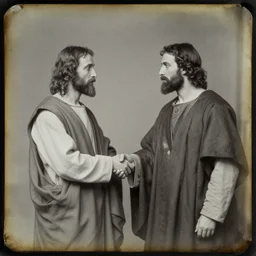 A daguerreotype photograph of Jesus shaking hands with John the Baptist.