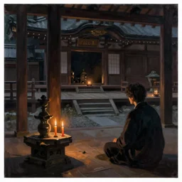 painting of an interior Japanese temple with candles by Greg Rutkowski and Craig Mullins, Dark atmospheric sad and cinematic lighting, Trending on artstation
