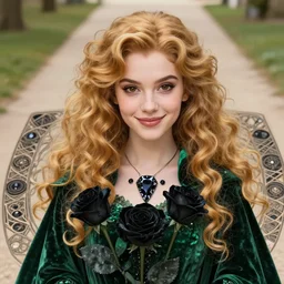 young vampire girl, goddess of green velvety malachite and obsidian diamonds and black roses with long curly, golden hair, perfectly proportioned face, brown eyes, sweet smile, strong jawline, natural lighting, path traced, highly detailed, high quality, cartoon, digital painting, by new haicheng and riccardo federici and alphonse mucha