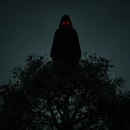 shadowy figure on top of a tree, scary red eyes, smiling