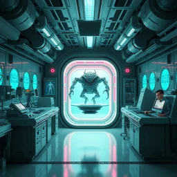 mad biopunk scientist in his futuristic lab with prototype superbeing floating in enclosed glass tank, highly integrated futuristic automatic medical care unit in a cyberpunk hospital lab, 3 d bioprinter, mri, cnc, highly detailed, vibrant, hyperdetailed scifi concept art, artstation, octane render hdr, rtx, by caravaggio, inspired by masamune shirow