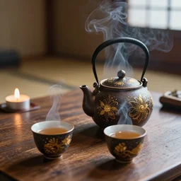 full view of ceremony of tea, an old traditional japanese teapot two smoky cup of tea on a wood table, ( ( ( dust ) ) ), ceramic material, candles smooth lighting, micro details, ( ( ( ( ( intricate ) ) gold details ) ) ), photorealism, canon camera, rays of lights,, japanese house detailed smoky background, photo by annie liebovitz