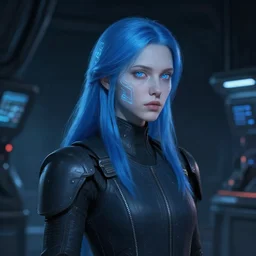 in the style of star wars, digital character painting : : pale woman young hologram blue hair : : dark futuristic lab