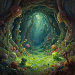fantasy oil painting, portal to hidden underground place with microscopic magic forest world, exotic vegetation, green slime, art by brothers hildebrandt, book cover illustration, sharp focus, extremely detailed