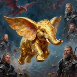 small cute golden flying elephant with wings. fantasy concept art. moody epic painting by james gurney, greg rutkowski, charlie bowater, maxim verehin and alphonso mucha. artstationhq. painting with vivid color. ( dragon age, witcher 3, lotr )