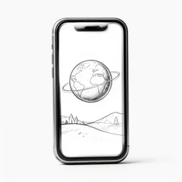 sketch of a phone in black and white in 2 d, a planet and his landscape pop up in 4 d in color popping out of the screen, 3 d illusion, by maurits cornelis escher