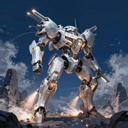 an armored core v ; scifi, booster flares, legs, laser rifles, karst landscape, outdoor, dark blue sky, cloud, wilderness ground, glowing lights intricate elegant, highly detailed, digital painting, artstation, concept art, smooth, sharp focus, thin glowing wires, illustration, art by artgerm and greg rutkowski and alphonse mucha, singularity