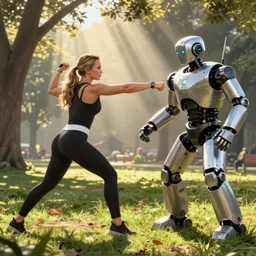 bodybuilder jennifer lawrence wearing spandex, punching robot in the park, god's rays, cinematic light, octane render, photorealistic, digital painting, drew struzan, gta v cover art