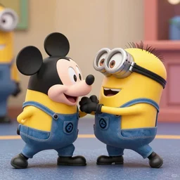 a minion and mickey mouse in a fight