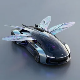 photo of a futuristic pod organic vehicle with aerodynamic fins, box - shaped dark glass and plastic, venturi tunnels, peugeot prestige, neon lights, dragonfly shape, octane render, iridescent skin