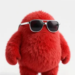 3 d render of completely red hairy friendly antropomorphic robust creature wearing chrome shades, without nose, full body, in the style of pixar, white background, unreal engine 5, octane render, highly detailed hdr
