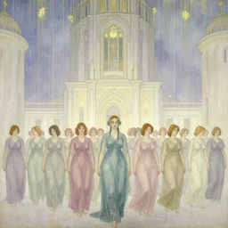 procession of women in a soviet temple, dripping watercolor by hammershøi, highly detailed, art nouveau wallpaper, lights by edward hopper, liminal, eerie, pastel colors, limited palette