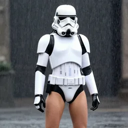 fully body pose, photo of a very beautiful!! victoria secret model, stormtrooper themed, wet hair, raining, 8 k, hdr, smooth, sharp focus, high resolution, award - winning photo, trending on artstation, dslr, 5 0 mm