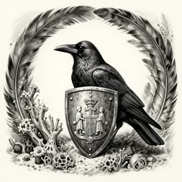 a stoic crow!! within a circle of feathered reef, attack profile angle, centered on family crest! shield, coat of arms!, pencil and ink, very detailed, artstation, full frame, dramatic shading, jonathan pointer, janie penny,