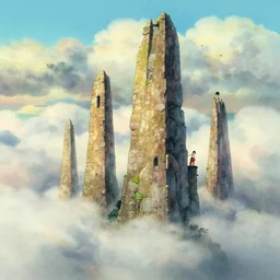 a wholesome animation key shot, thin towers of ancient masonry peaks rise above clouds, studio ghibli, pixar and disney animation, sharp, disney concept art watercolor illustration by mandy jurgens and alphonse mucha and alena aenami, pastel color palette, bloom, dramatic lighting