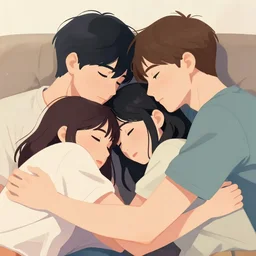 3 people, close - up of three young people cuddling in the sofa, 2 8 4, romantic, group hug, polyamory, highly detailed, smooth, stylized, vector line art, clean cel shaded vector art, by lois van baarle and ross tron, artgerm, helen huang, makoto shinkai, ilya kuvshinov, rossdraws
