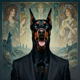 realistic detailed portrait movie shot of a snarling man doberman wearing an elegant blazer, sci fi landscape background by denis villeneuve, amano, yves tanguy, alphonse mucha, ernst haeckel, max ernst, roger dean, masterpiece, rich cold moody colours, dog teeth, blue eyes