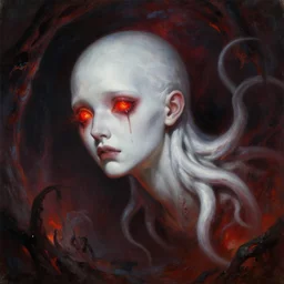 oil painting of a flying sorrowful looking human head with tears running down it's eyes, face that is chalk white in color, with long sprawling white tentacles stemming down it's neck, fiery scorching red eyes, flying in a terrifying hellish dark cavernous place