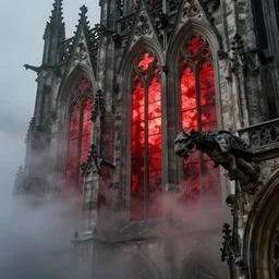 a gothic cathedral in the clouds high quality, red glass windows, fog, gargoyle, dramatic realistic digital painting artem demura