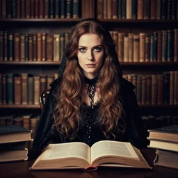 lomography, full body portrait photo of women like reol dressed like wizards in a library, open books, moody, realistic, dark, skin tinted a warm tone, gothic, gustav klimt light blue filter, hdr, rounded eyes, detailed facial features,