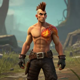sea of thieves character standing with brown mohawk and flaming tattoo on his chest, shirtless, dark jester pants, dark leather gloves, sea of thieves screenshot, unreal engine, digital art